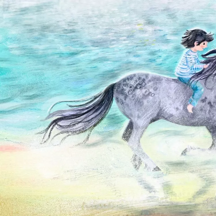 Boy riding a horse illustration, horse on a beach illustration, horse drawing, horse illustration, horse ride on a beach, seaside illustration , beach illustration, beach ride, riding a horse on a beach, grey horse, boy horse riding 